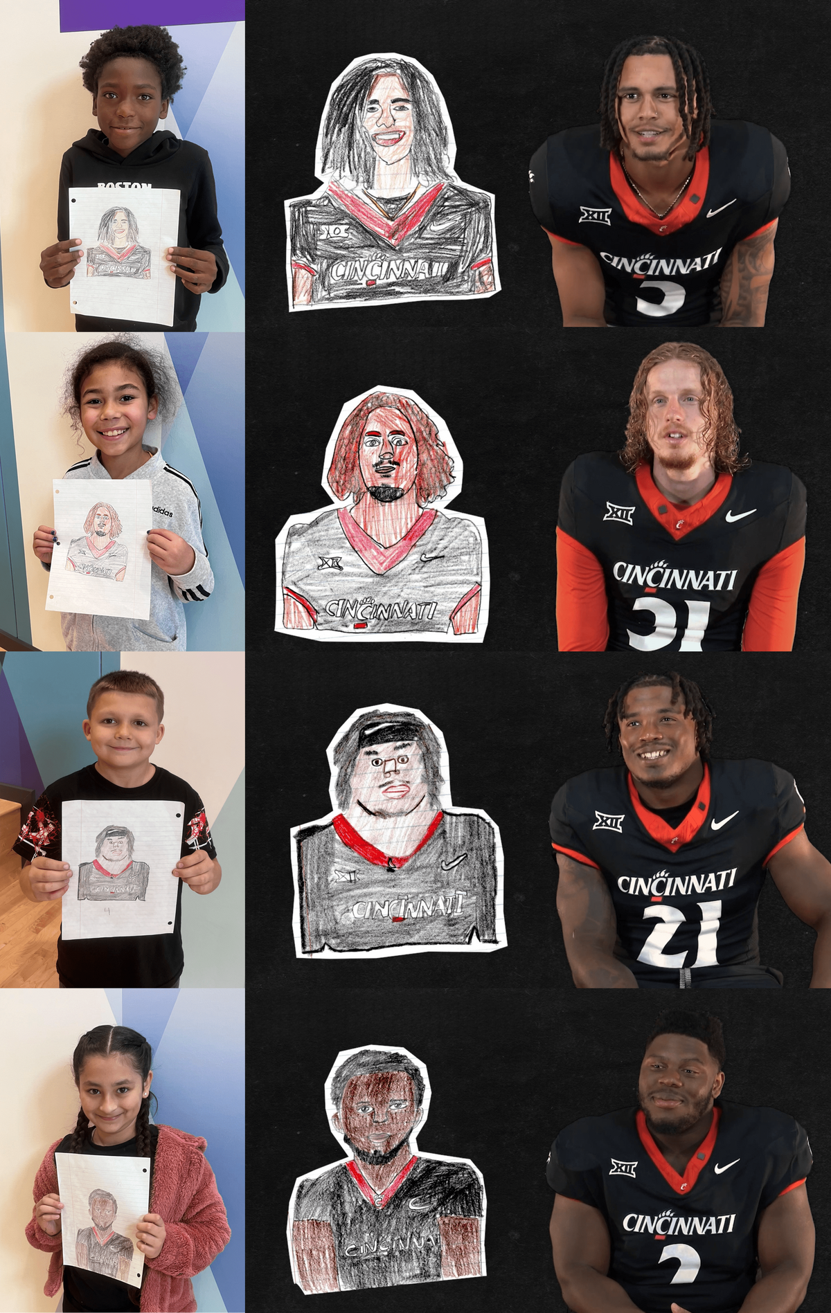 Photo collage shows students holding their artwork of a football player, then the artwork of a football player, followed by an actual photo of the football players.